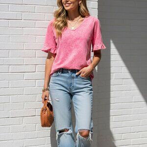 Pink cotton t-shirt - Mineral washed loose fit comfort top